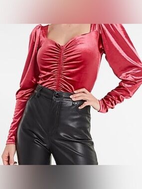 EXPRESS Velvet Long Sleeve Ruched Front Top. 
Pomegranate